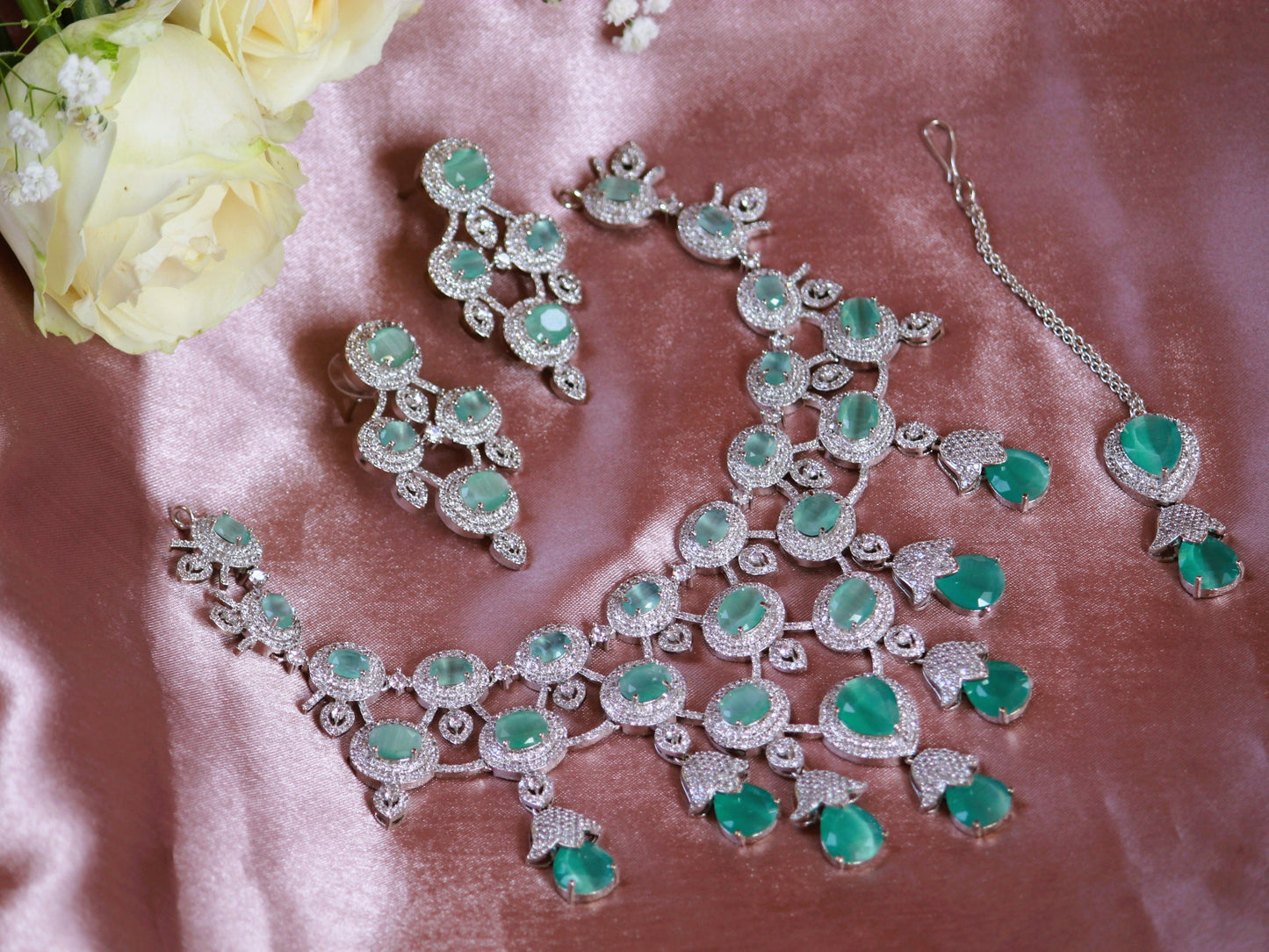 Mint Green Aarna Zirconia Jewellery Set