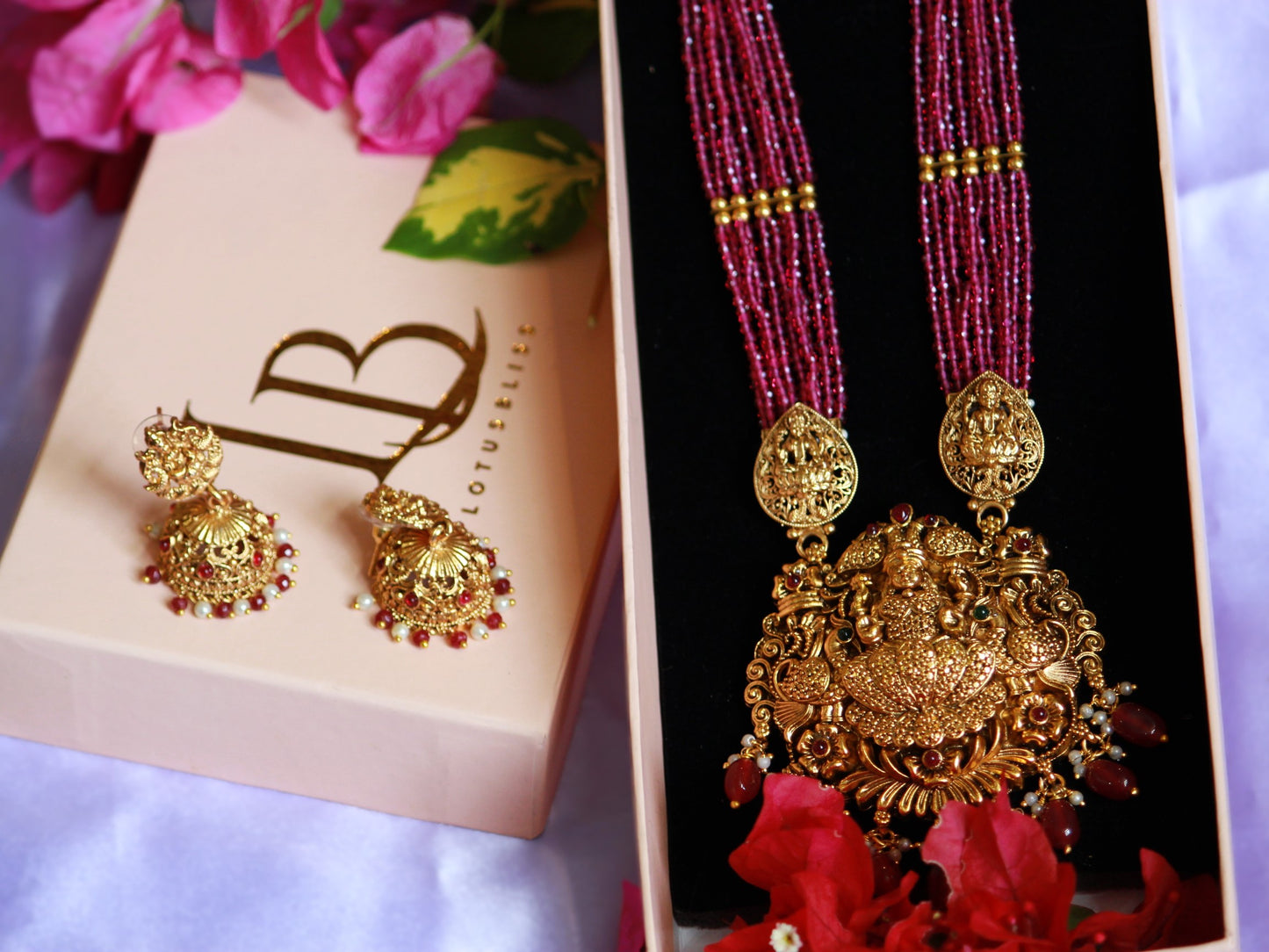 Pink Roopashri Temple Jewellery Set